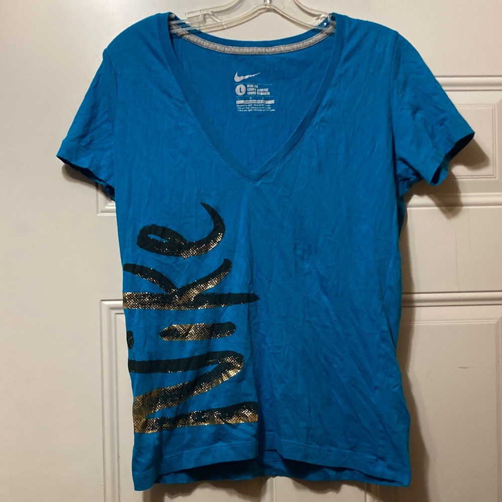 Nike Women's Teal V-Neck Tee with Gold Logo L